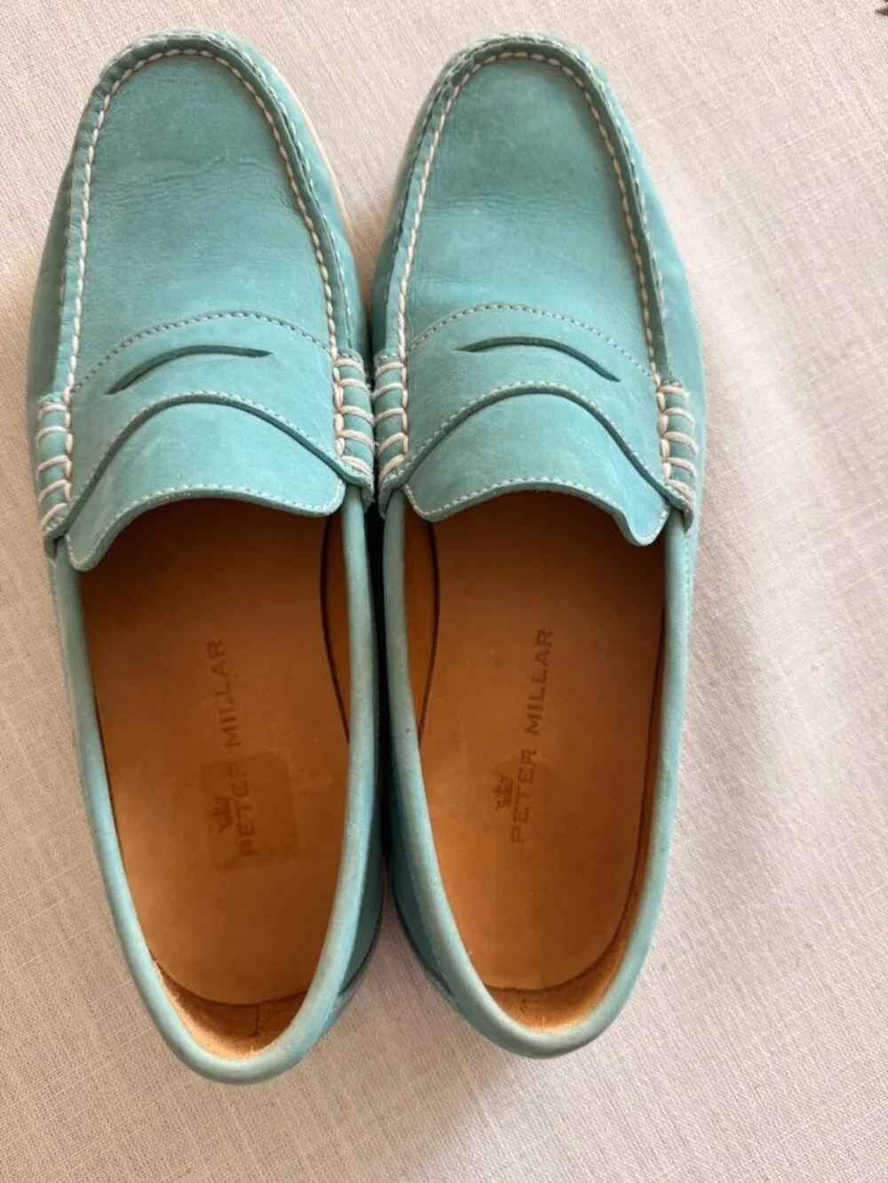 Peter Millar Men’s Leather Penny Loafers Aqua Blue Size 10M Made in Brazil